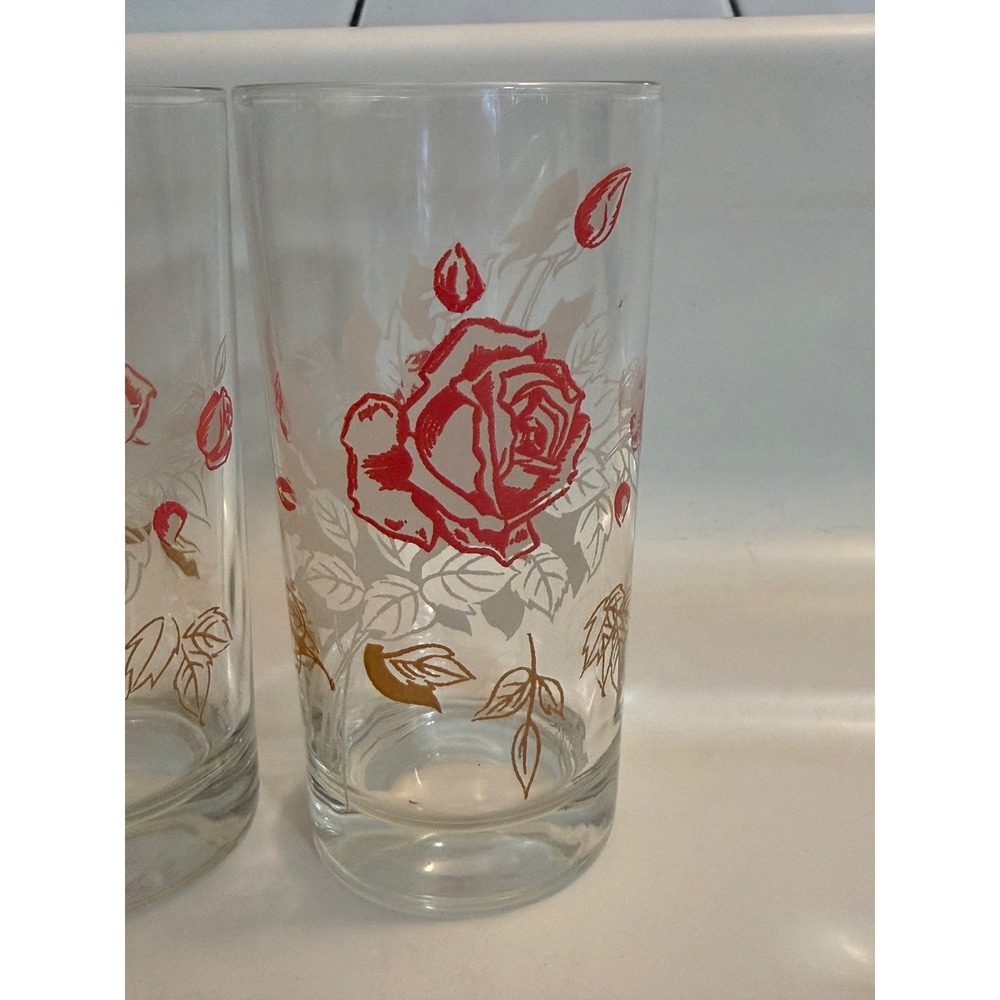 Vintage pink Rose Floral Drinking Glasses Set of 10 Gold Leaf Tumblers 5.5 Inch